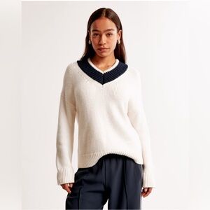 Abercrombie & Fitch oversized contrast v neck sweater in cream